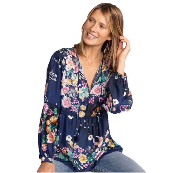 NWT sz M Johnny Was Bursting Echo Boho Silk Blouse Tie neck pullover top $248 - Picture 1 of 12